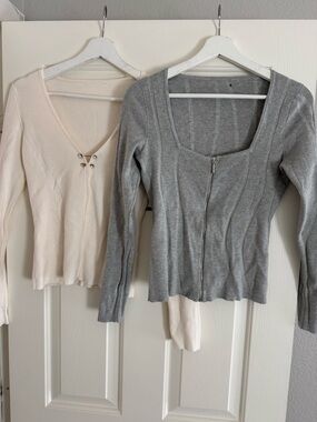 Guess Women's V-Neck & Zip-Front Sweaters in Gray and Cream